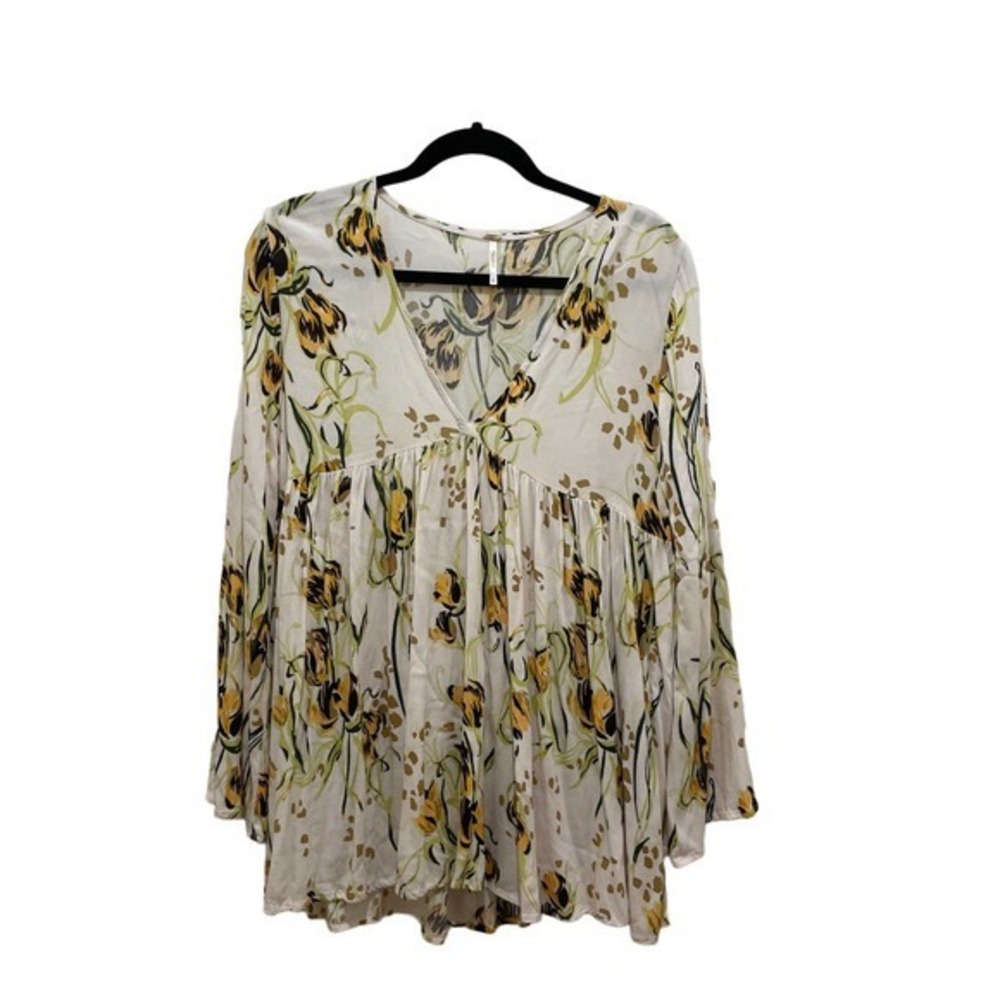 Free People White & Yellow Floral Long Sleeve Boho Baby Doll Dress